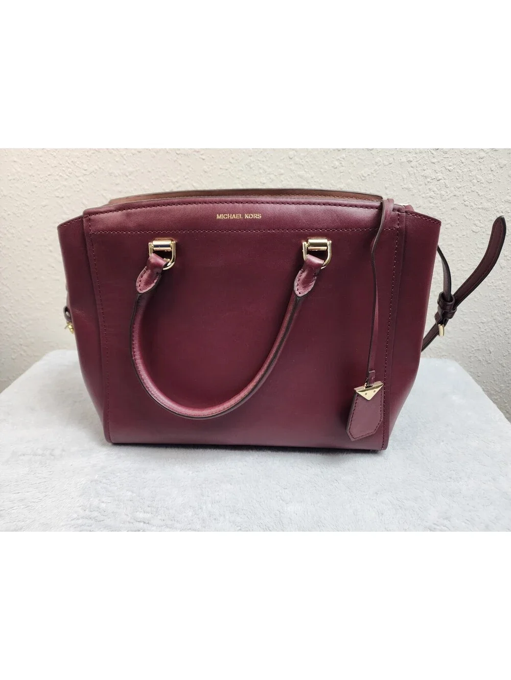 👜MICHAEL KORS BENNING LARGE LEATHER SATCHEL BURGUNDY GOLD HARDWARE SHOULDER BAG